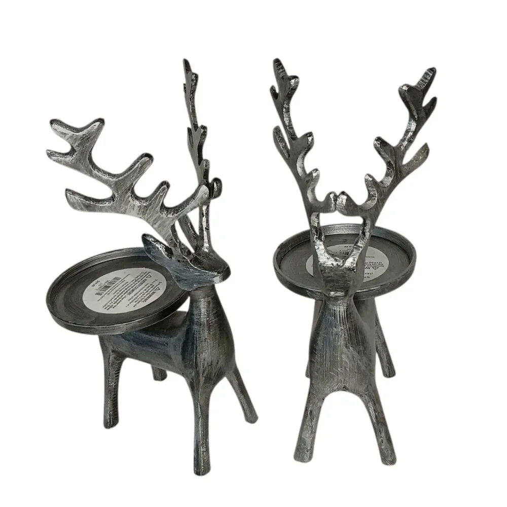 2 Silver Metal Deer Pillar Candle Holders By Pier 1 Reindeer Christmas Holiday